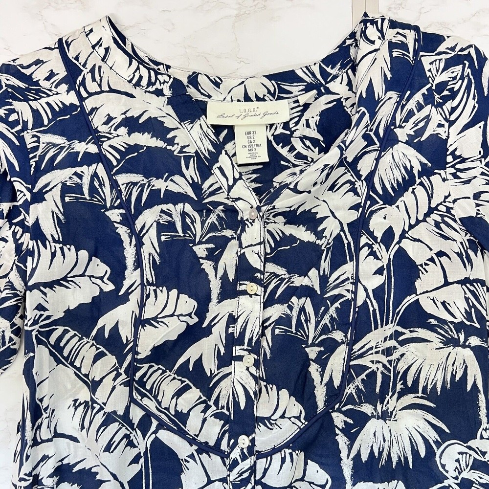 L.O.G.G. H&M Women Tunic Dress Blue White 2 Beach Cover Up Palm Leaves Tropical - Picture 7 of 16